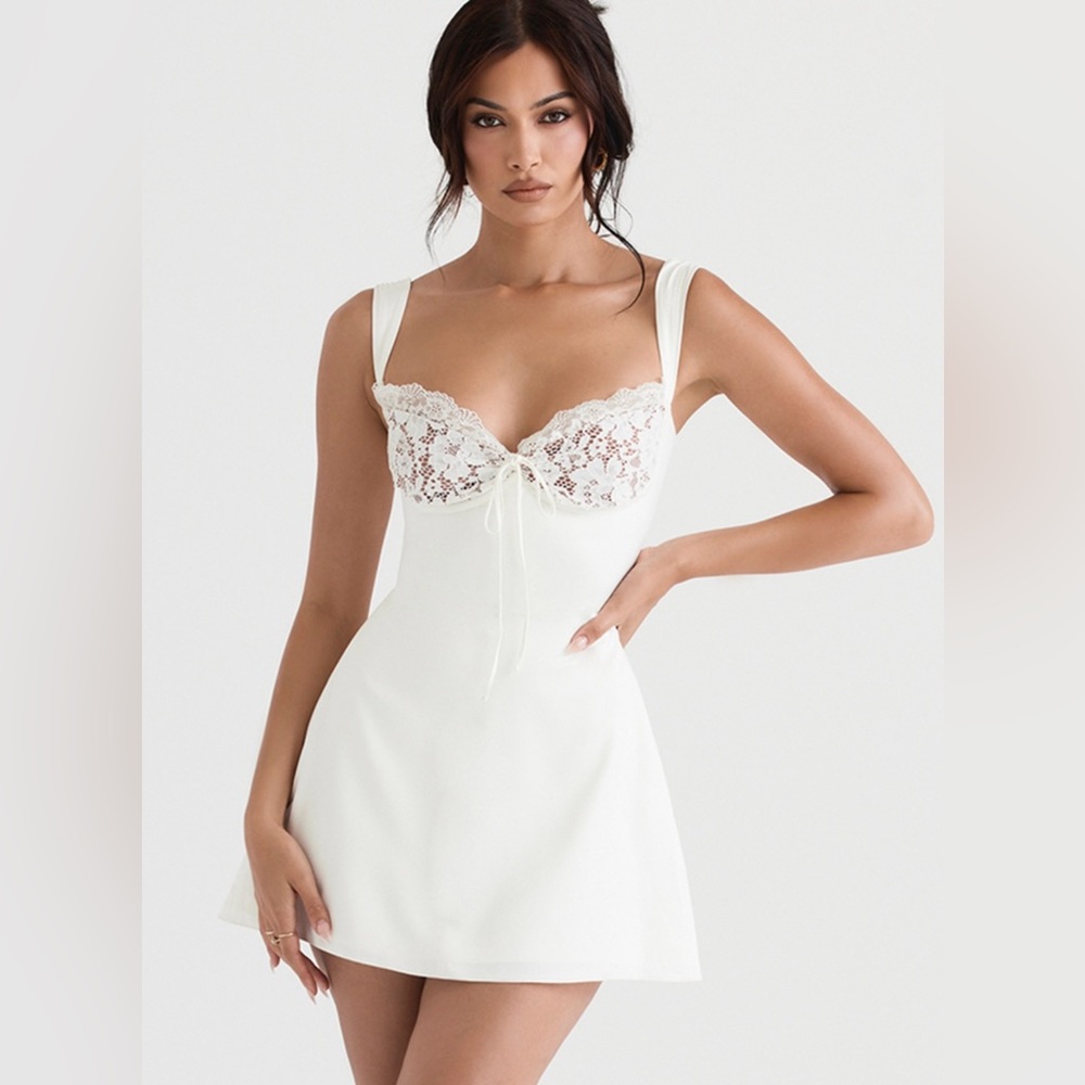 House of CB Adriana IVORY SATIN AND LACE MINI DRESS